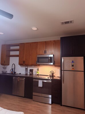 A modern kitchen with wooden cabinets, stainless steel appliances, and a black refrigerator. - Cozy Stylish Dallas  1-bedroom apartment with AC in excellent Dallas location (Dallas)