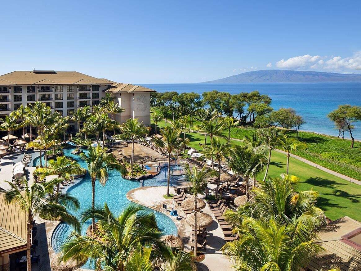 Een resort met een groot zwembad, palmbomen en uitzicht op de oceaan.