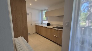 A modern kitchen with wooden cabinets, a countertop, and a window. - 2-bedroom apartment with balcony in Annecy (Annecy)