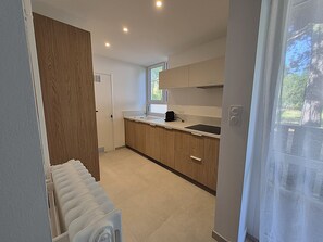 A modern kitchen with wooden cabinets, a countertop, and a window. - 2-bedroom apartment with balcony in Annecy (Annecy)