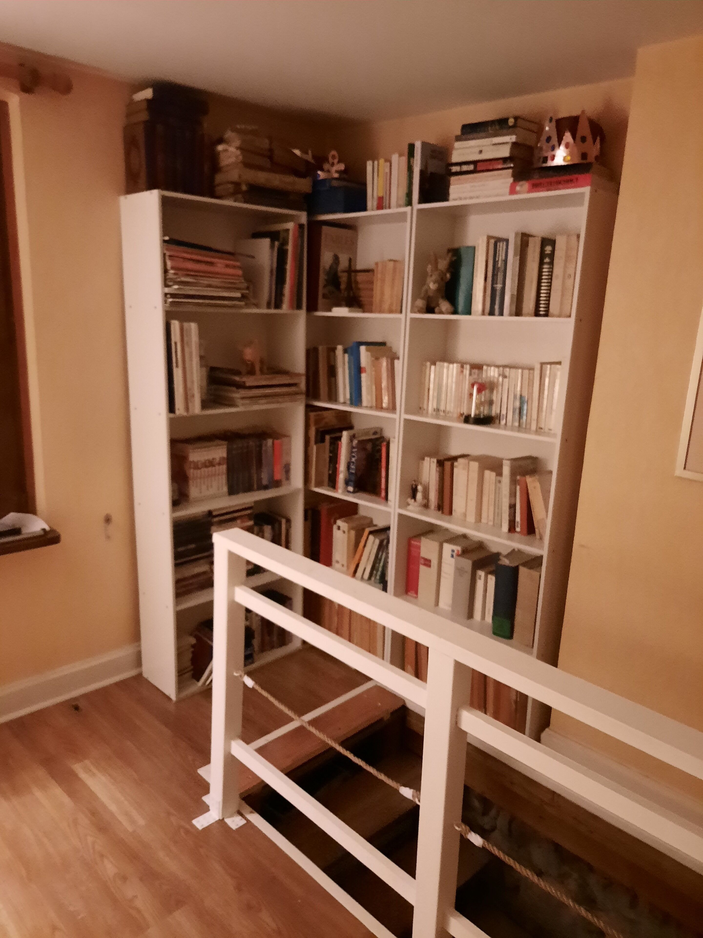 Une pièce avec un plancher en bois, une bibliothèque blanche remplie de livres et une balustrade blanche au premier plan.