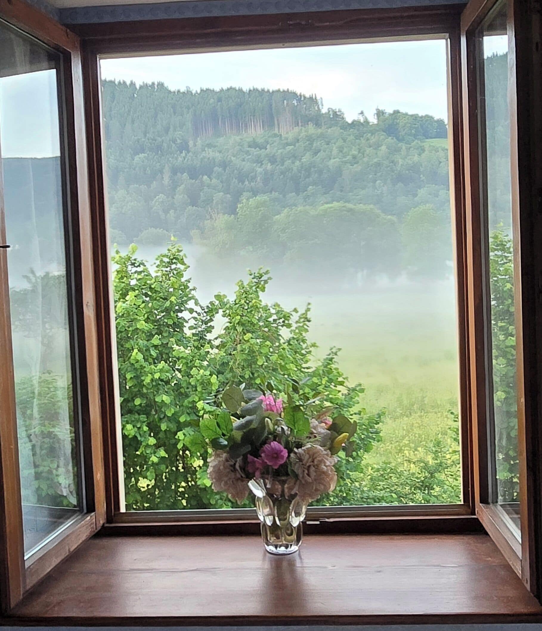 Una ventana con vista a un bosque y un florero con flores sobre un repisa de madera.