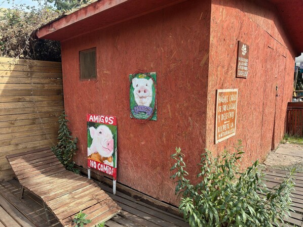 Una estructura de madera con fachada roja, un banco de madera y varios letreros, incluyendo uno que dice 'AMIGOS NO COMIDA'.