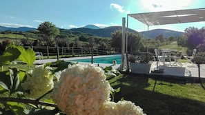 A swimming pool with a view of mountains, surrounded by greenery and a covered patio area. - Wellness Retreat between Marche and Umbria (Sassoferrato)