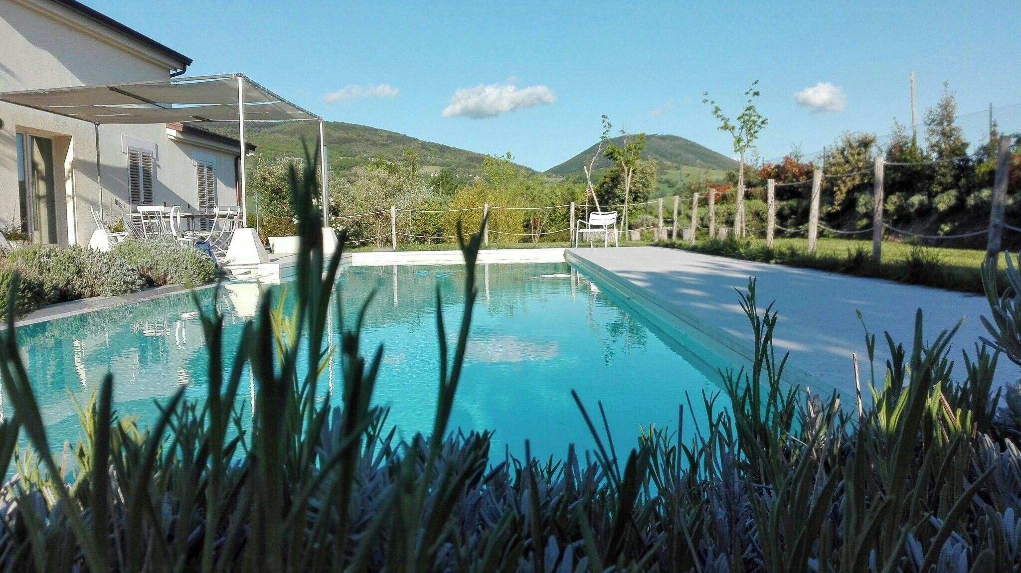 A swimming pool with a view of a mountain, surrounded by greenery and a building with outdoor seating.