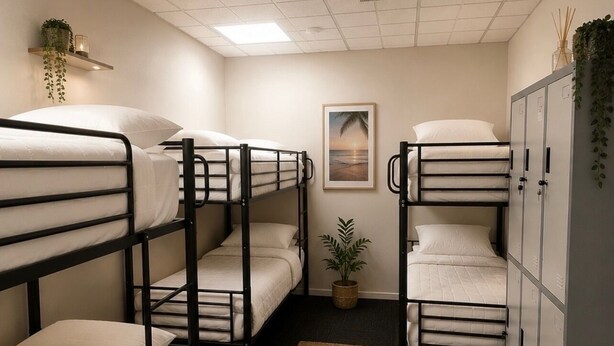 A dormitory room with bunk beds, a small potted plant, a framed picture on the wall, and a cabinet with a plant on top. - Brunsi hostel (Brunswick)