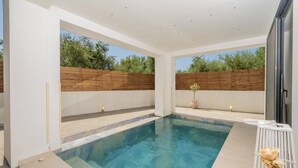 Piscina moderna ao ar livre, com cerca de madeira e um vaso de planta.
