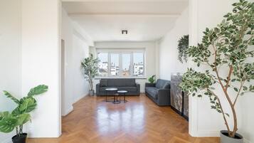 Un vaste espace de vie comprenant un canapé gris, une table basse et deux plantes en pot.