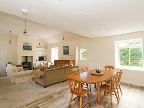 A spacious living room with a fireplace, a dining area with a round table, and a large window offering a view of greenery.