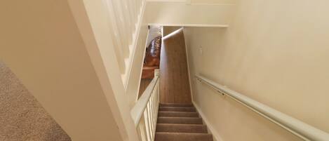 A carpeted staircase with a handrail, leading to a landing with a brown leather sofa.
