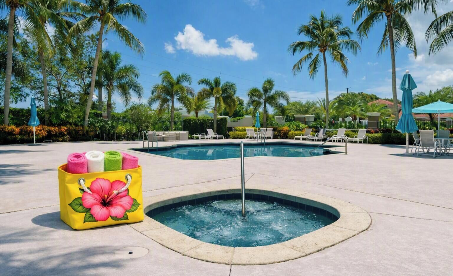 A pool area with lounge chairs and a hot tub.