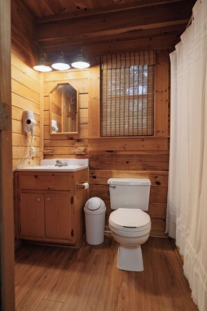 Bagno di una baita in legno con lavandino, specchio e toilette.