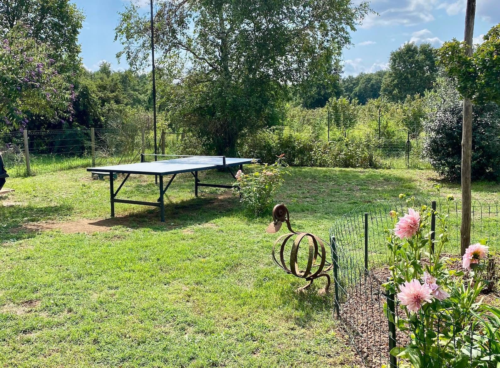 An outdoor area with a ping pong table, surrounded by greenery and a fence.