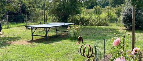 Un espacio al aire libre con mesa de ping pong, rodeado de follaje y una valla.