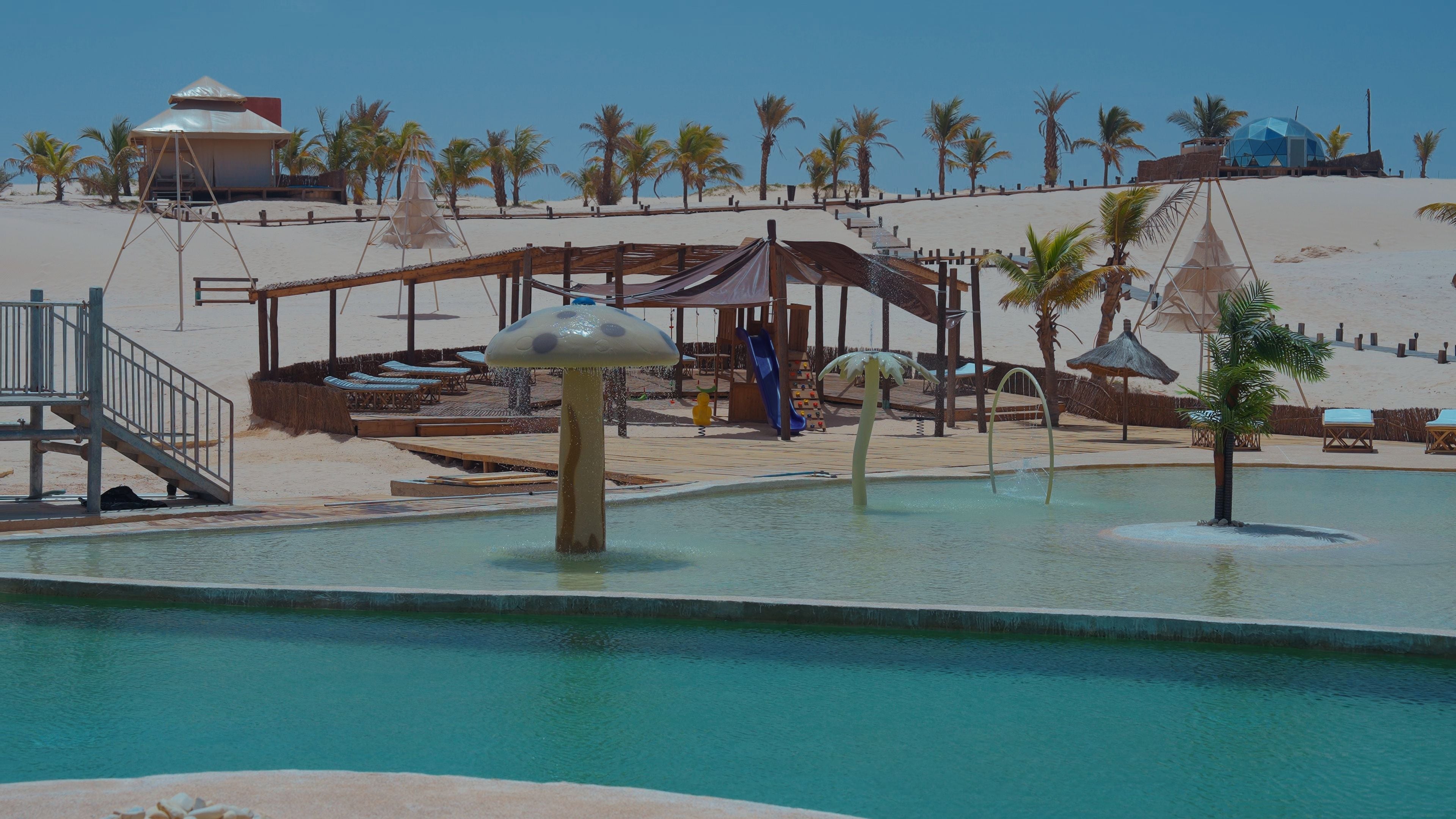 A pool area with a slide, lounge chairs, and palm trees.