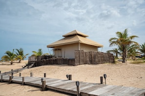 Un edificio frente a la playa con techo de paja, muelle de madera y palmeras.