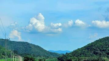A rural road flanked by lush greenery and hills under a clear sky.