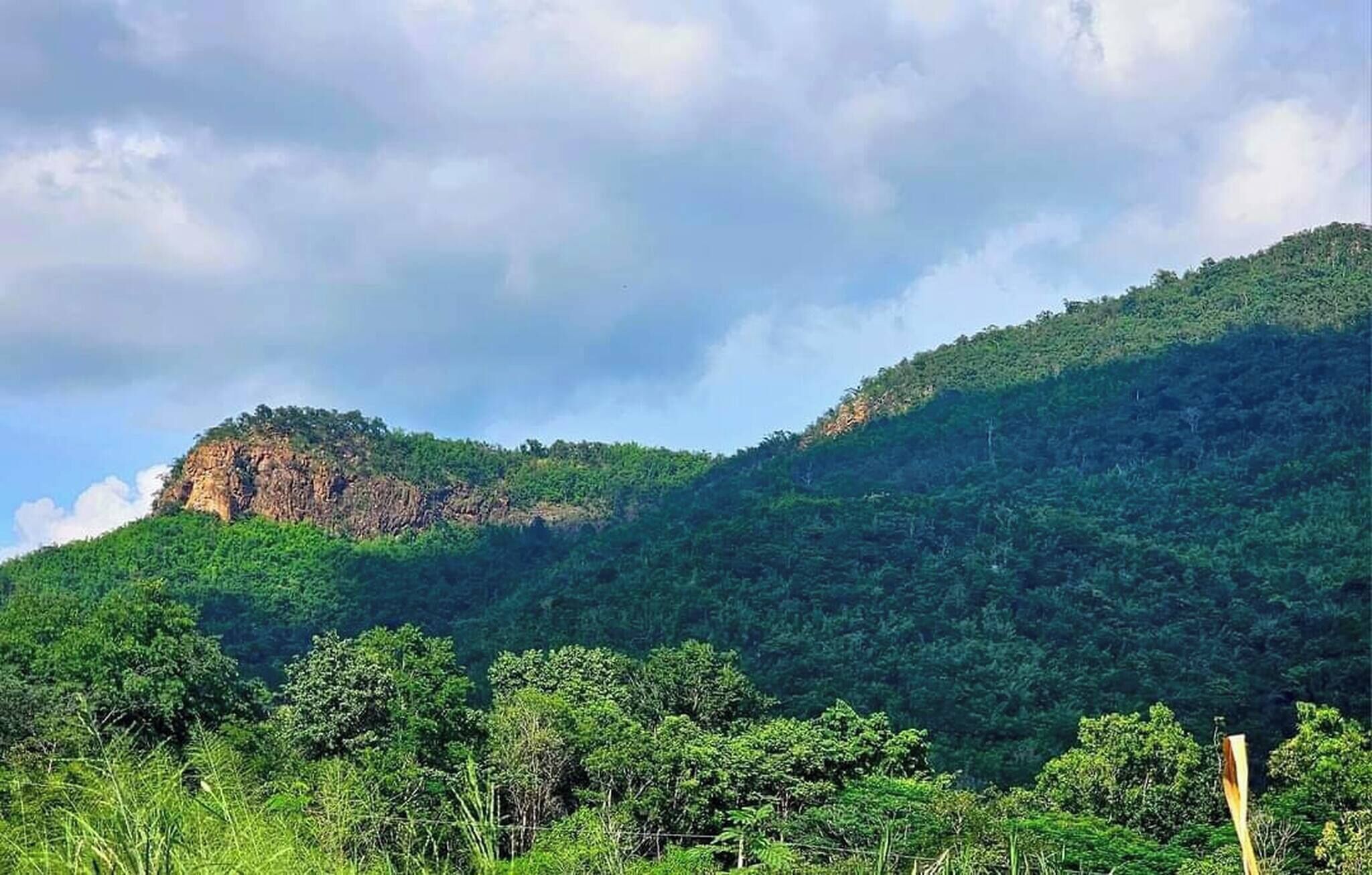 A mountainous landscape with dense green vegetation and a prominent rocky cliff.