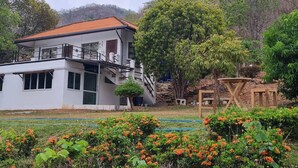 A two-story building with a flat roof, surrounded by a garden with orange flowers and greenery. - Mountain Front Family Home Big Balcony For 4 Rare Birds, Bikes (Kaeng Krachan)