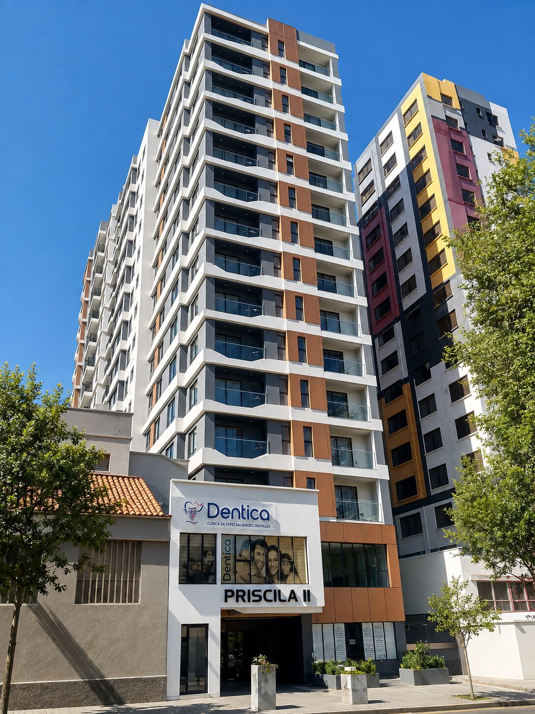 A multi-story building with a dental clinic on the ground floor, featuring a sign with a smiling patient and the name 'Dentica.'