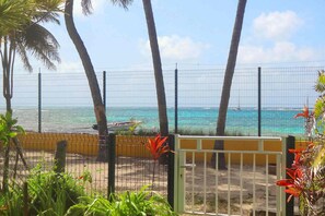 Zona cercada con vista al océano, palmeras y un portón.