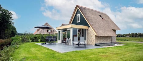 A modern house with a thatched roof, a patio with outdoor furniture, and a well-maintained lawn.