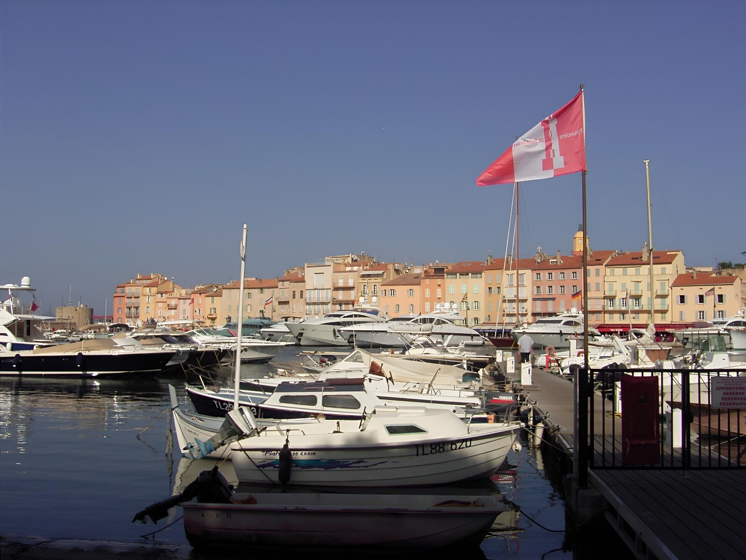 A marina with boats docked, a flag, and buildings in the background.