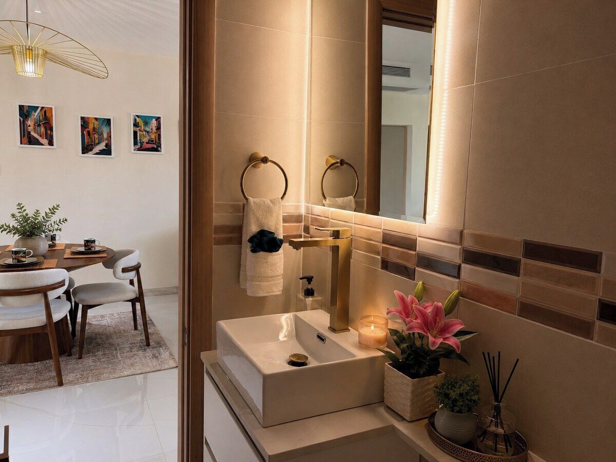 A modern bathroom with a large mirror, a sink, and a toilet. There are towels hanging on the wall and a small table with a plant and a candle.