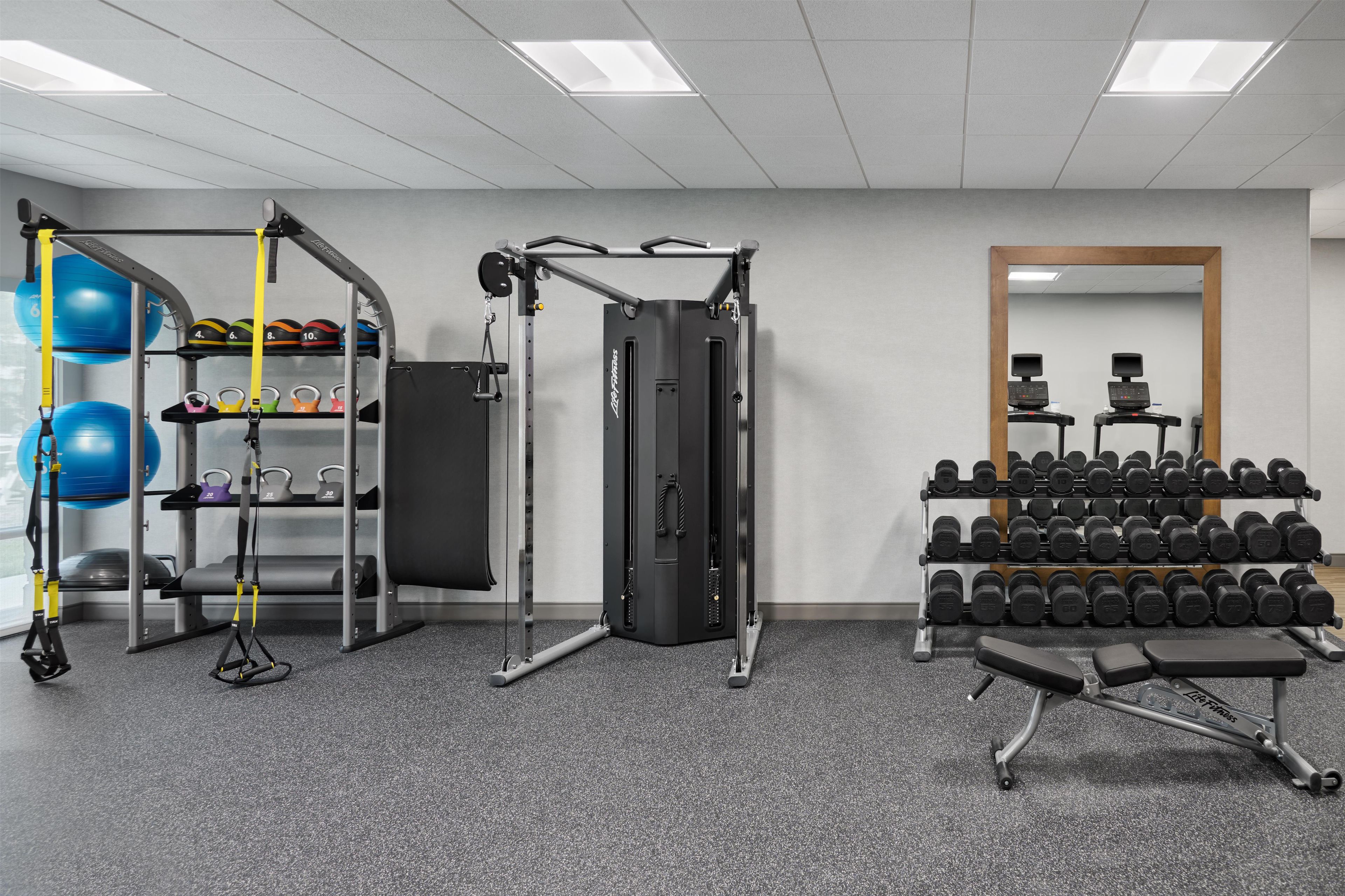 A gym with various exercise equipment including a squat rack, TRX suspension trainer, and dumbbells.