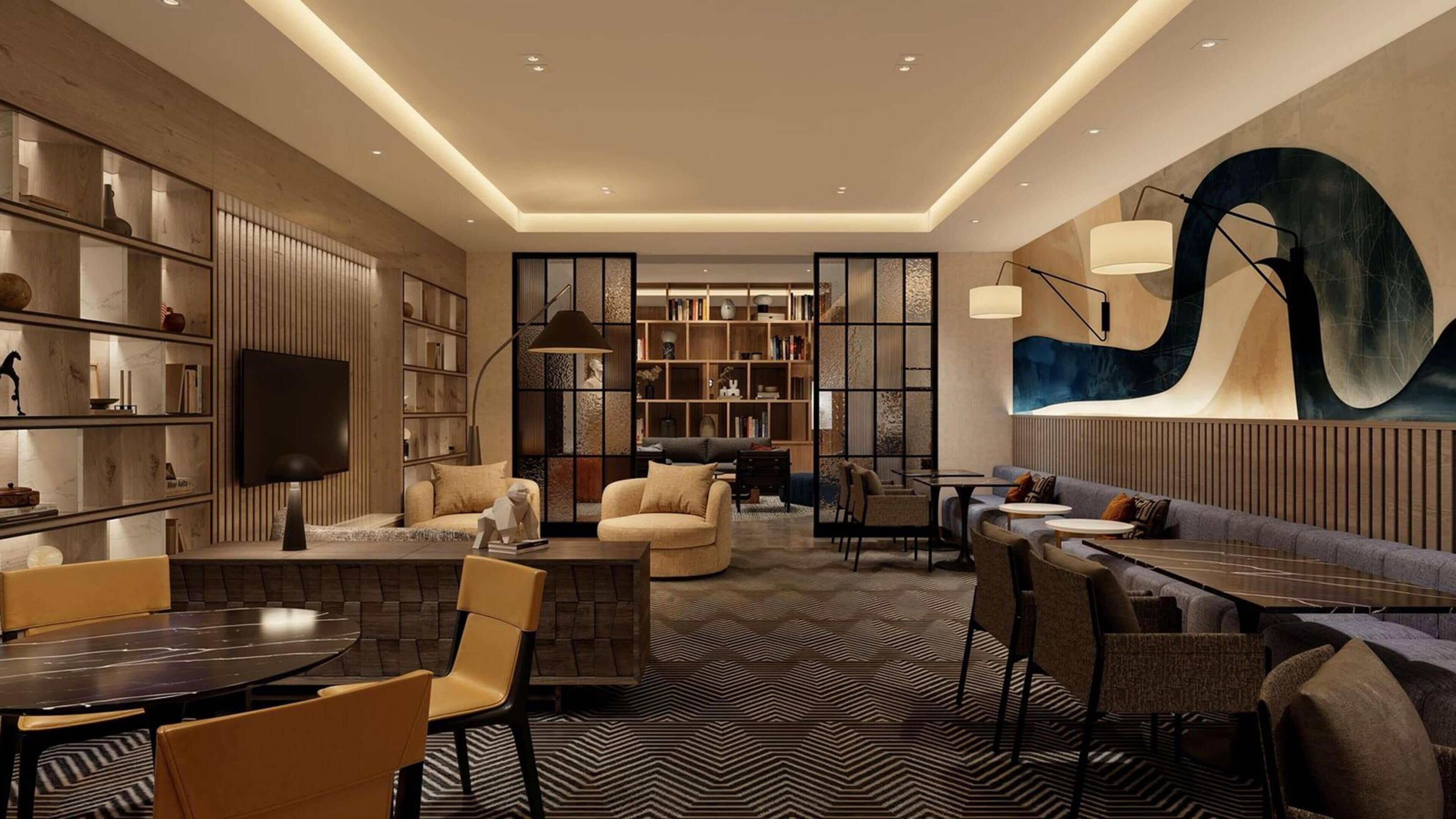 A modern interior with a dining area, sofas, a bookshelf, and a large abstract wall art piece.