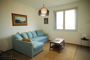 A living room with a sofa, a small table, a hanging light fixture, a window, and a framed picture on the wall.