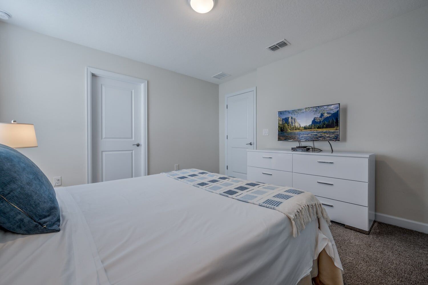 A bedroom with a bed, a dresser, a television, and a door.