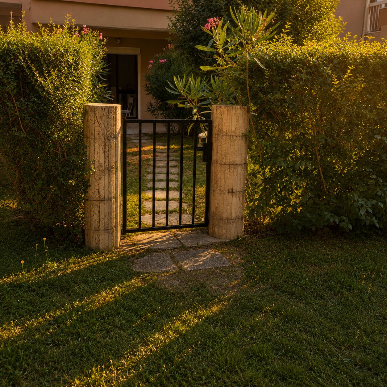 A gated entrance with a stone pathway leading to a building.