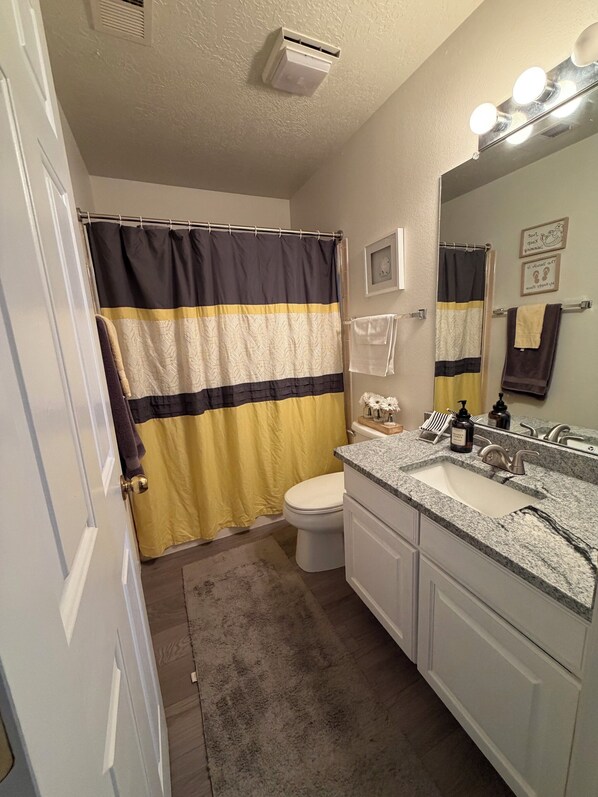 A bathroom with a shower curtain, toilet, sink, and mirror.