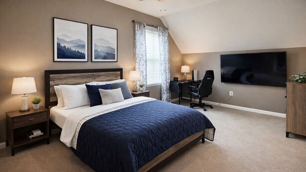 A bedroom with a large bed, a desk, a chair, a TV, and two framed pictures on the wall. - Charming 4-bedroom house with AC in cozy Alabaster (Alabaster)