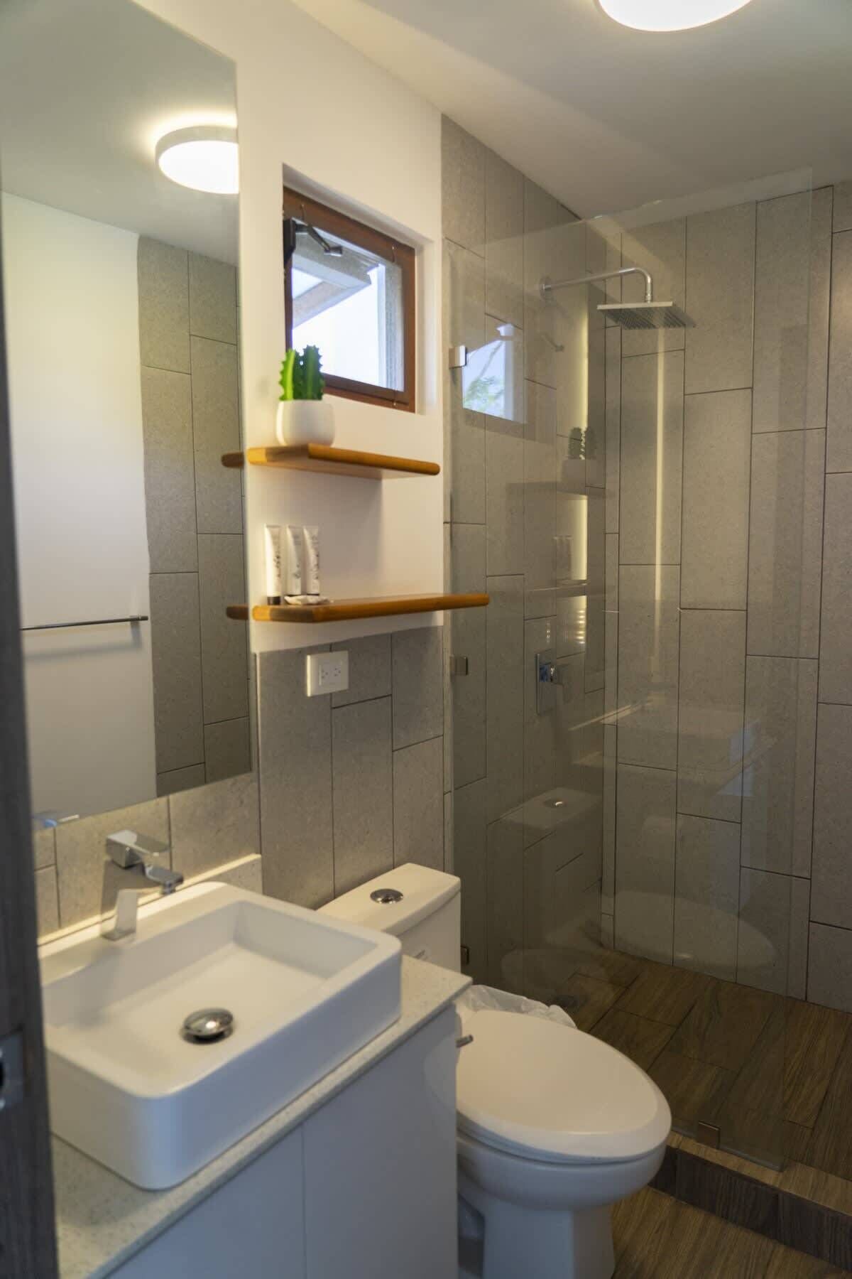 Douche, sèche-cheveux, shampoing