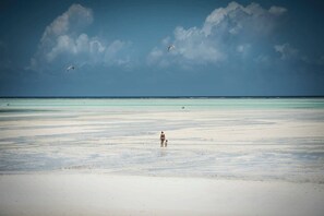 A beach with a person and a child walking on the sand, and two kites flying in the sky. - Family Pool Suite Deluxe (Paje)