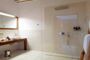 A modern bathroom with a glass-enclosed shower, a wooden vanity with a sink, and a mirror above the vanity. - Spice Route Family Room (Paje)