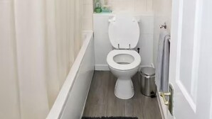 A bathroom with a shower, toilet, and a small trash bin. - Studio Sleeps 2 Near Station & Airport (Bishop's Stortford)