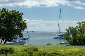 A marina with several sailboats docked, a clear sky, and lush greenery. - Pirates Villa- Beach view with kayaks for Groups (Cruz Bay)