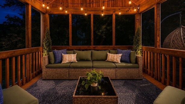 Een houten terras met een groene bank, twee potplanten en een bijzettafeltje.