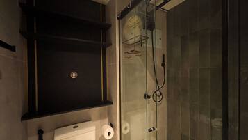 A bathroom with a glass shower enclosure, a toilet, and a towel rack.