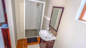 Ein Badezimmer mit Dusche, Waschbecken und Spiegel.