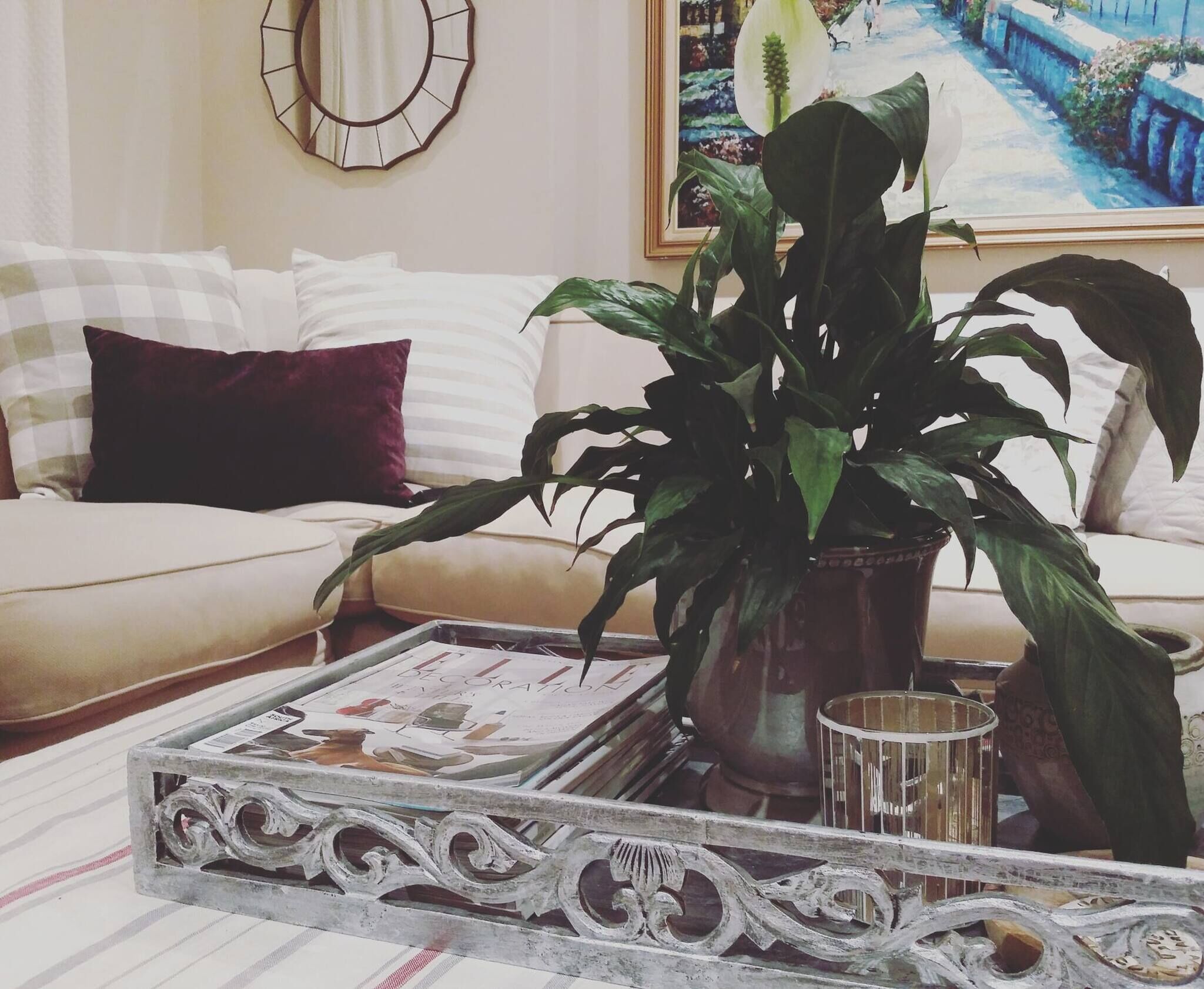 A living room with a sofa, a potted plant, a tray with magazines, and a decorative mirror.