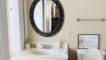 Hair dryer, towels, soap, toilet paper