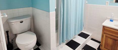 A bathroom with a toilet, a shower curtain, a sink, and a mirror.