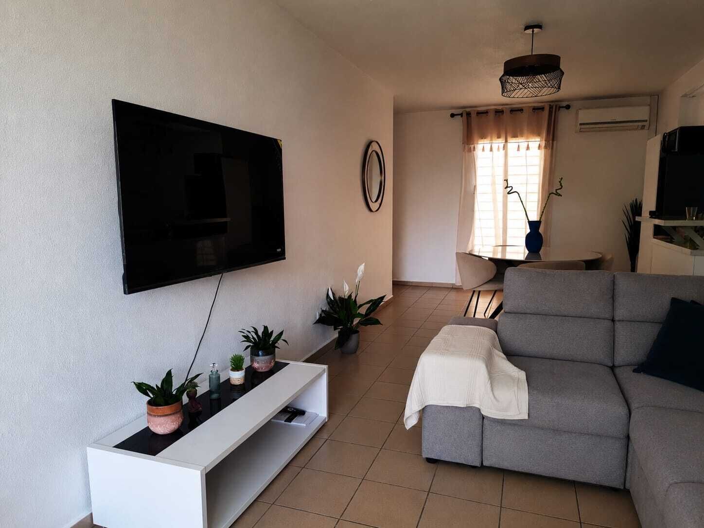 A living room with a flat-screen TV mounted on the wall, a grey sofa, a white console table with potted plants, and a dining area in the background.