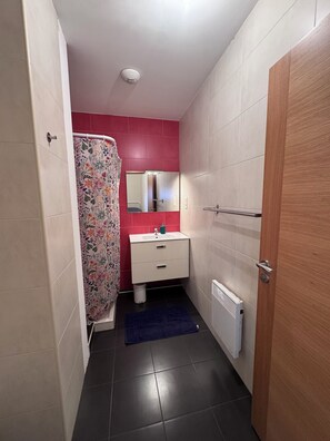 A bathroom with a shower, a sink, a mirror, and a radiator. - Quiet apartment with a view of Hendaye Bay (Hendaye)