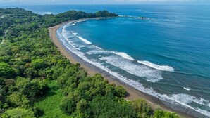 Paisatge costaner amb una platja, oceà i turons boscosos.