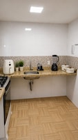 Una cocina con estufa a gas, un lavamanos, una licuadora y una planta en maceta.